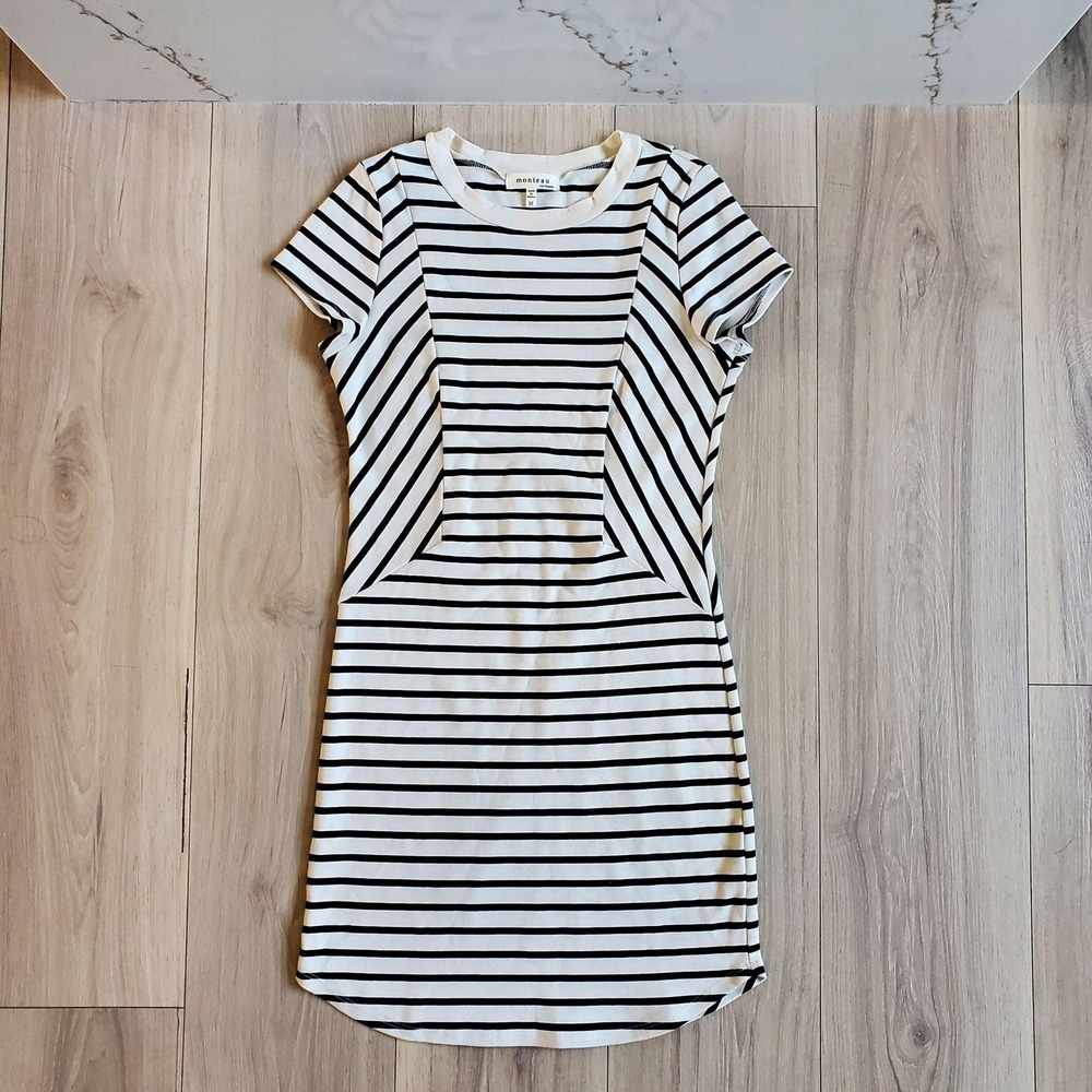 Monteau Dress Womens M White Black Stripe T-Shirt Short Sleeve Casual Mini